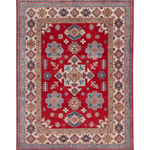Full front view of red & ivory Kazak-inspired wool rug 21991.