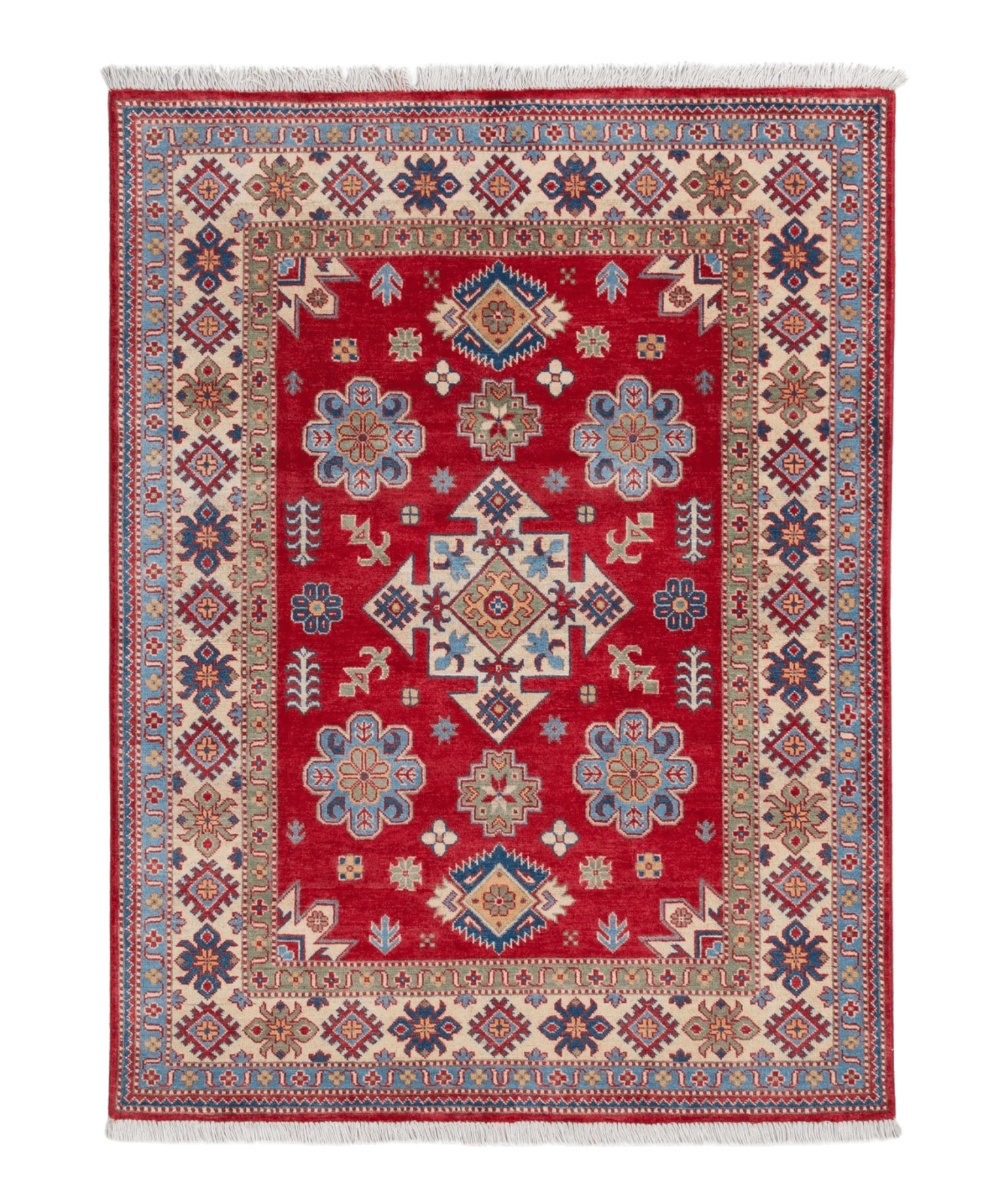 Full front view of red & ivory Kazak-inspired wool rug 21991.