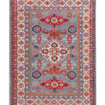 Full front view of blue & red Kazak-inspired wool rug 29345.