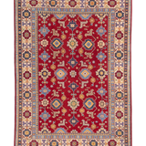 Full front view of red & blue Kazak-inspired wool rug 21542.