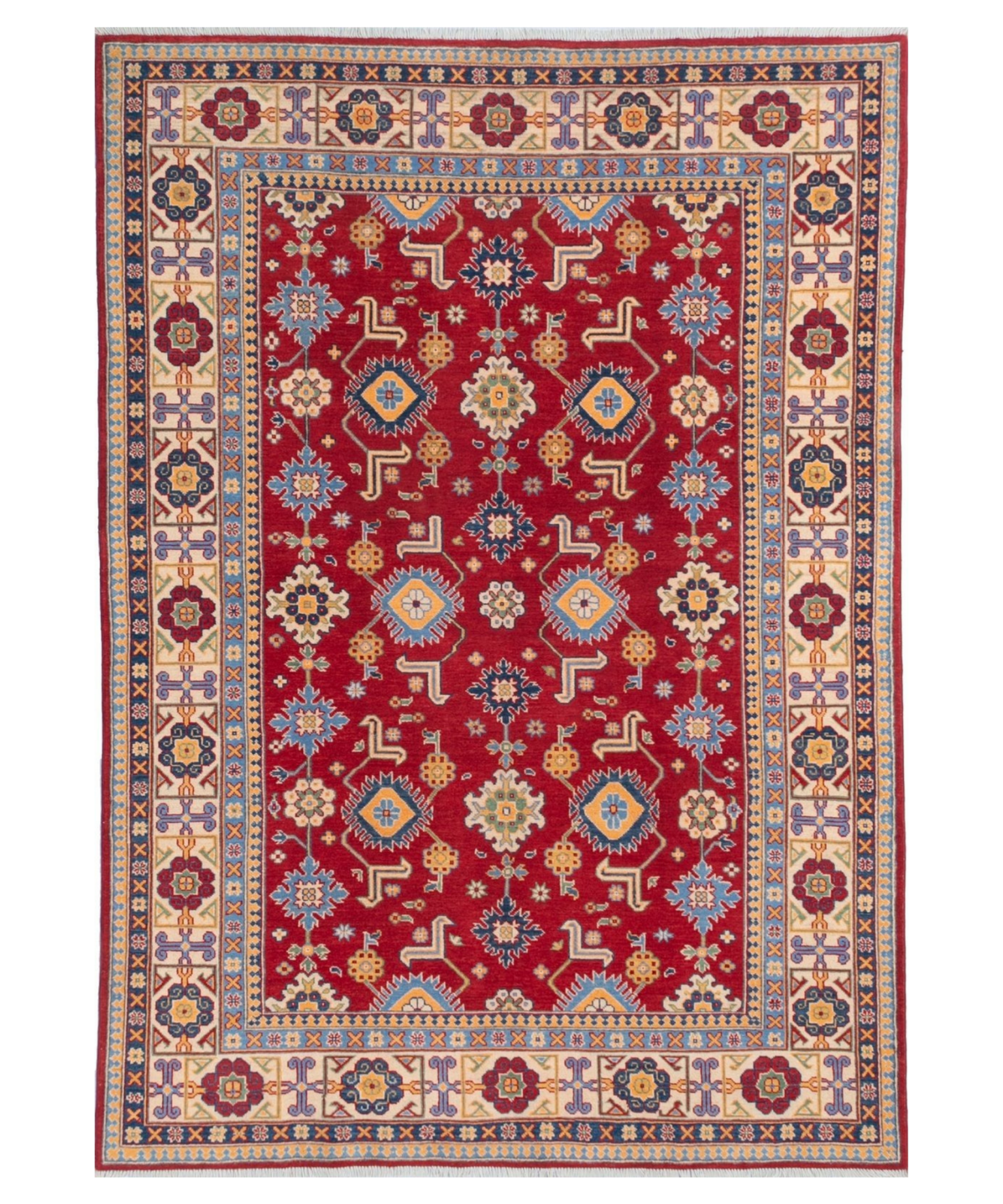 Full front view of red & blue Kazak-inspired wool rug 21542.