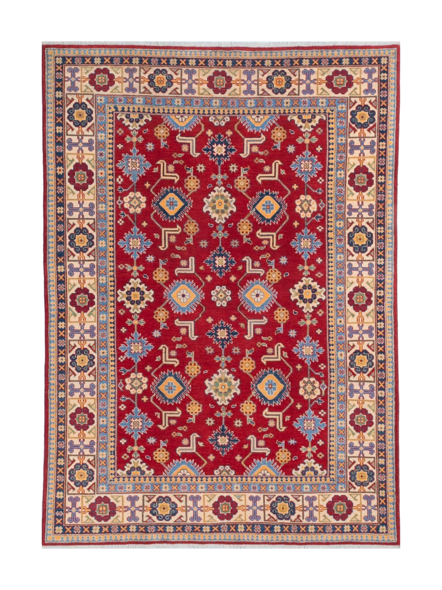 Full front view of red & blue Kazak-inspired wool rug 21542.