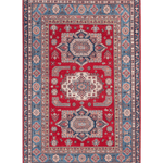Full front view of red & blue Kazak-inspired wool rug 21613.