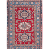 Full front view of red & blue Kazak-inspired wool rug 21613.