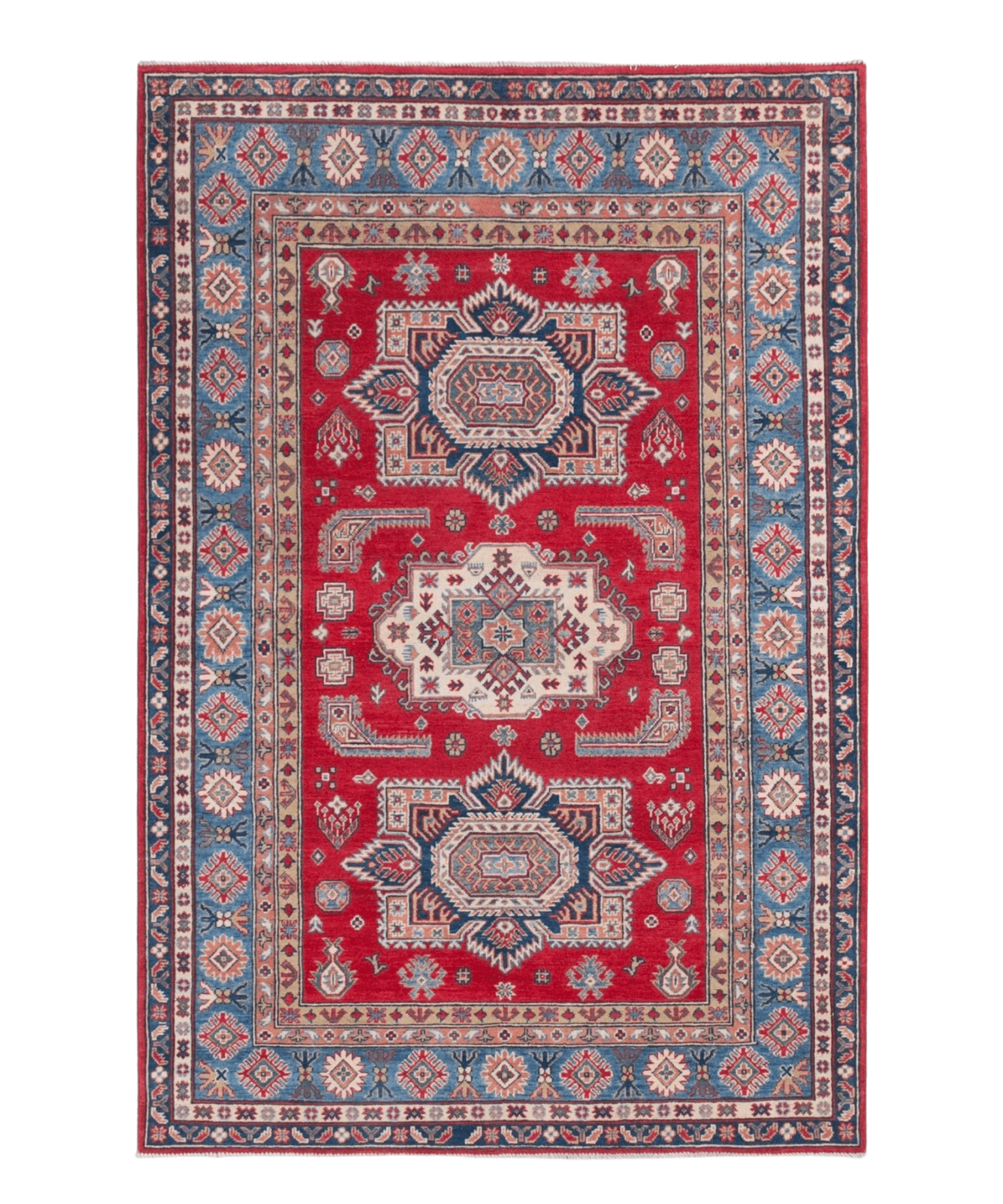 Full front view of red & blue Kazak-inspired wool rug 21613.