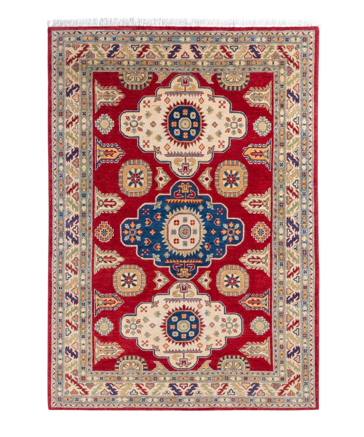 Full front view of red & ivory Kazak-inspired wool rug 22082.
