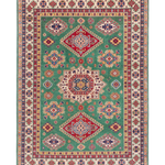 Full front view of green & red Kazak-inspired wool rug 29638.