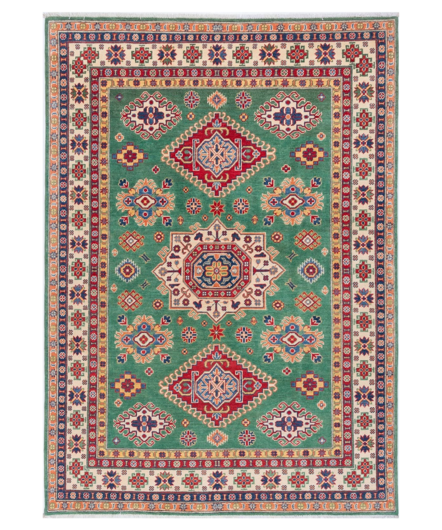 Full front view of green & red Kazak-inspired wool rug 29638.