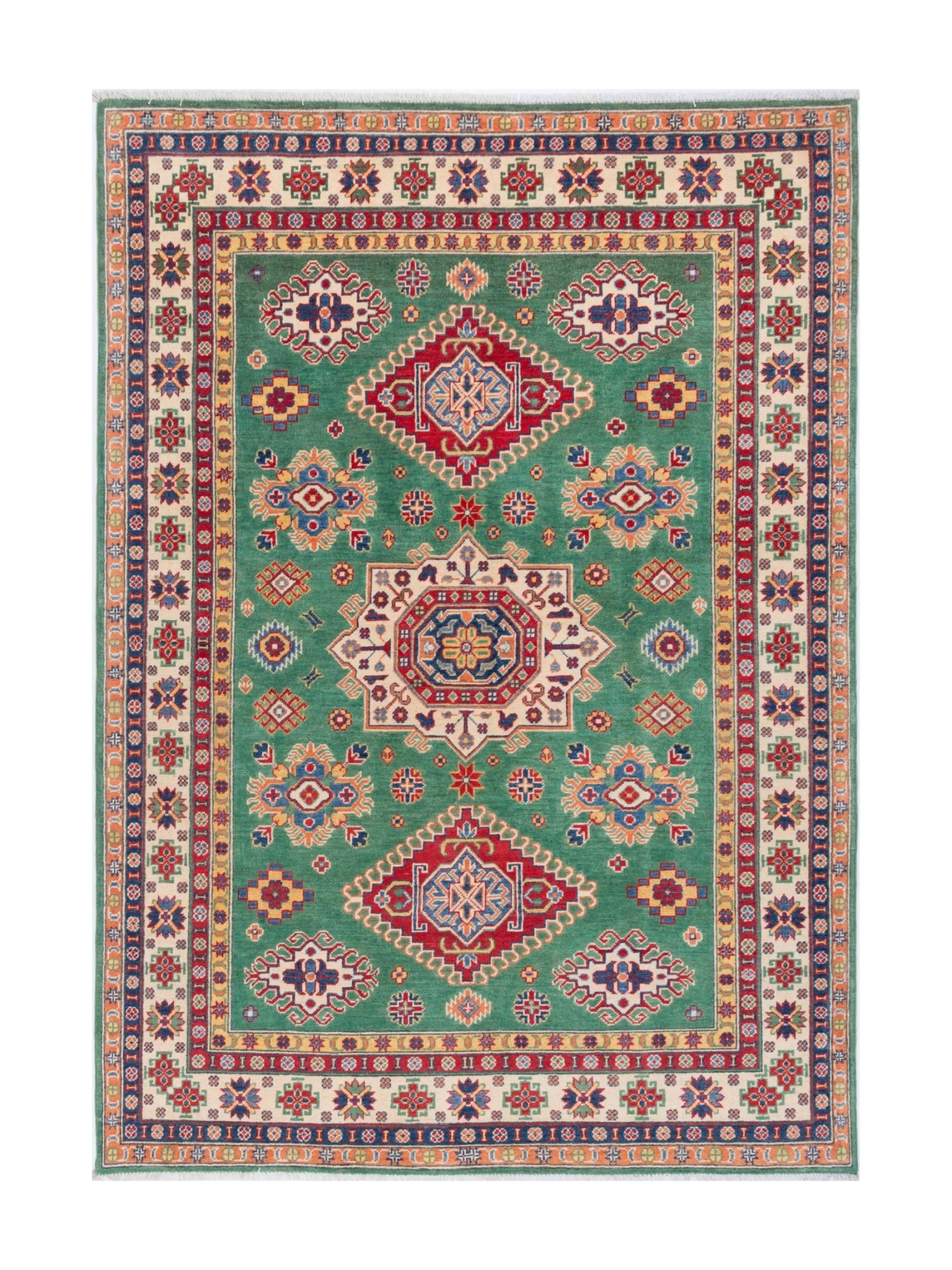Full front view of green & red Kazak-inspired wool rug 29638.