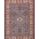 Full front view of blue & red Kazak-inspired wool rug 29339.