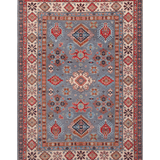Full front view of blue & red Kazak-inspired wool rug 29339.