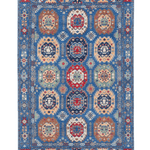 Full front view of blue & red Kazak-inspired wool rug 29635.