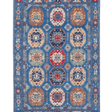 Full front view of blue & red Kazak-inspired wool rug 29635.