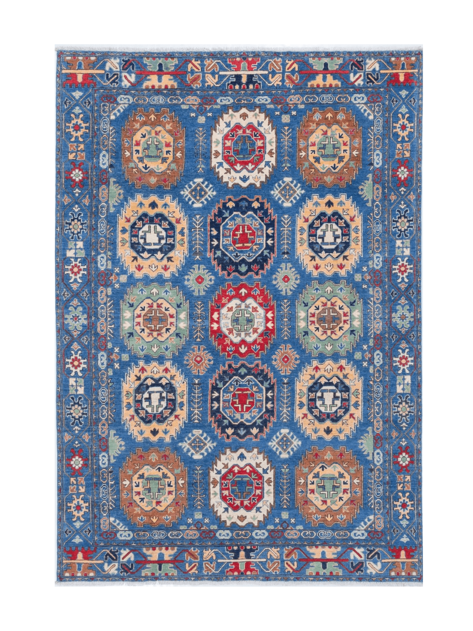 Full front view of blue & red Kazak-inspired wool rug 29635.