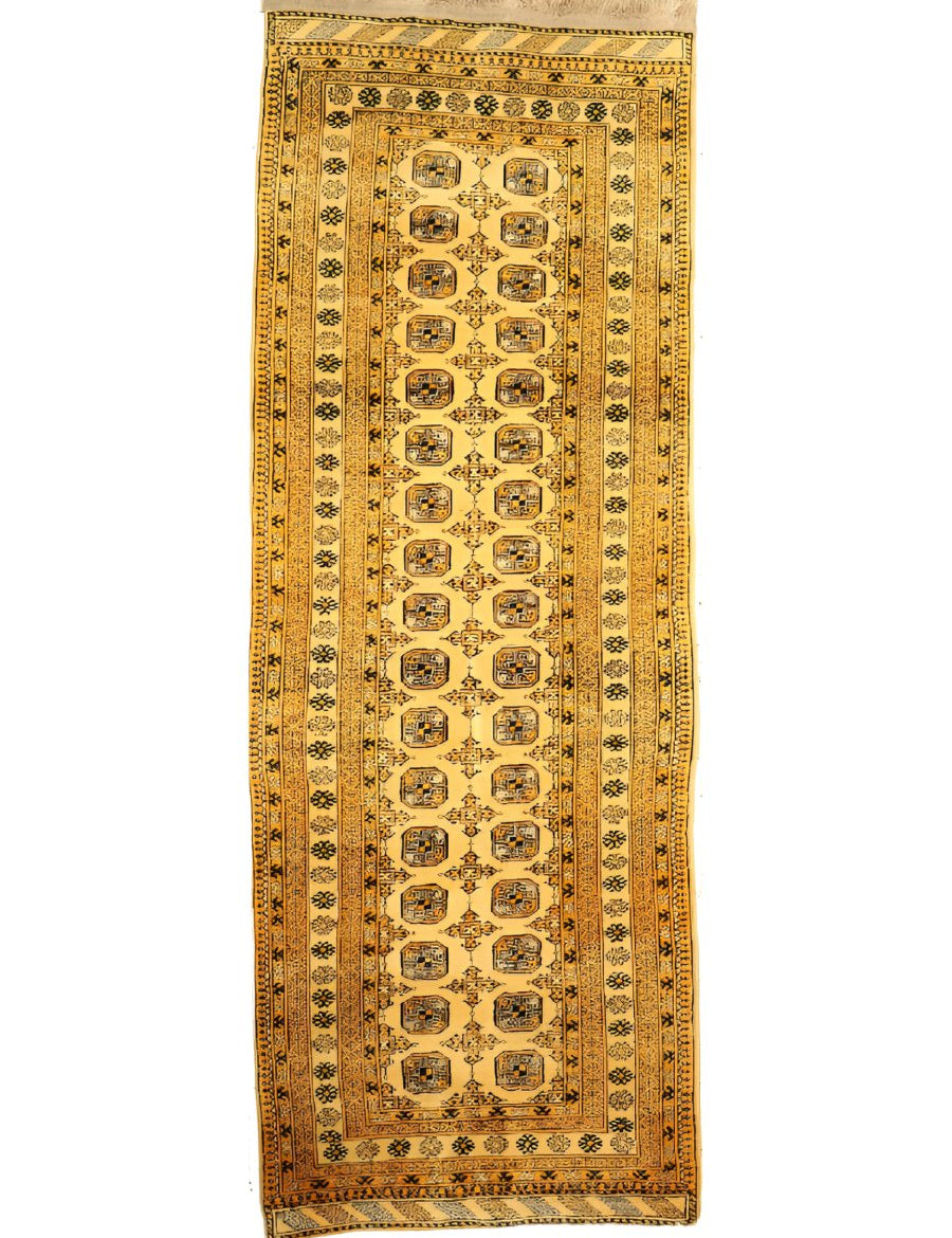 Afghan Bokhara runner rug full view in gold with black medallion column and border