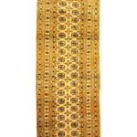Afghan Bokhara runner rug full view in gold with black medallion column and border
