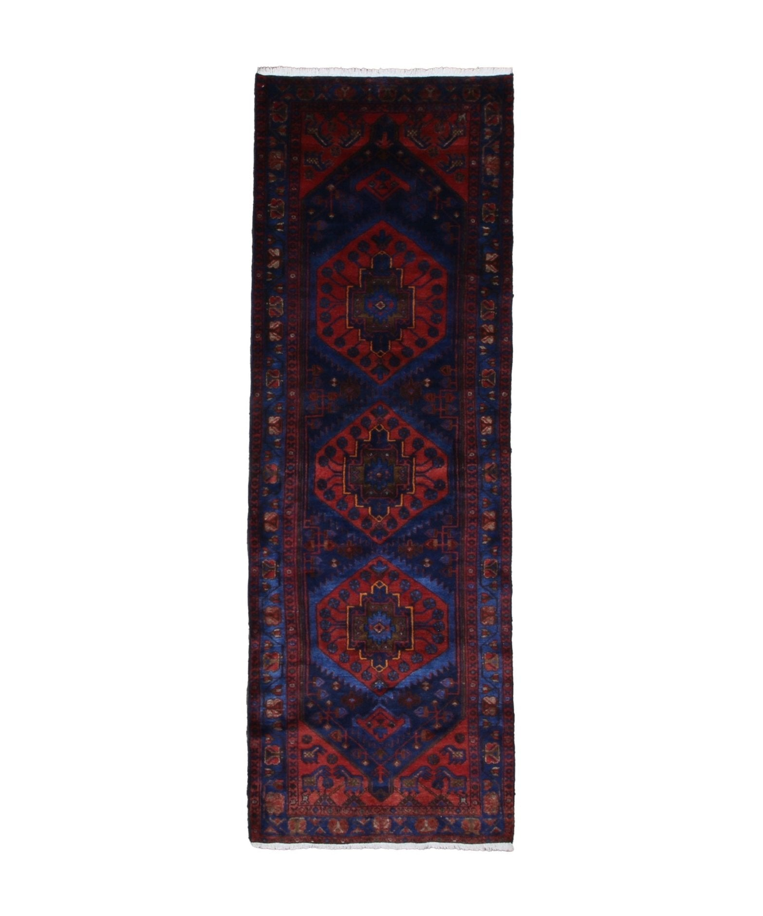 Persian Sonqor Runner, top view on white background, hand-knotted wool with red colouring. SKU RR 30722.