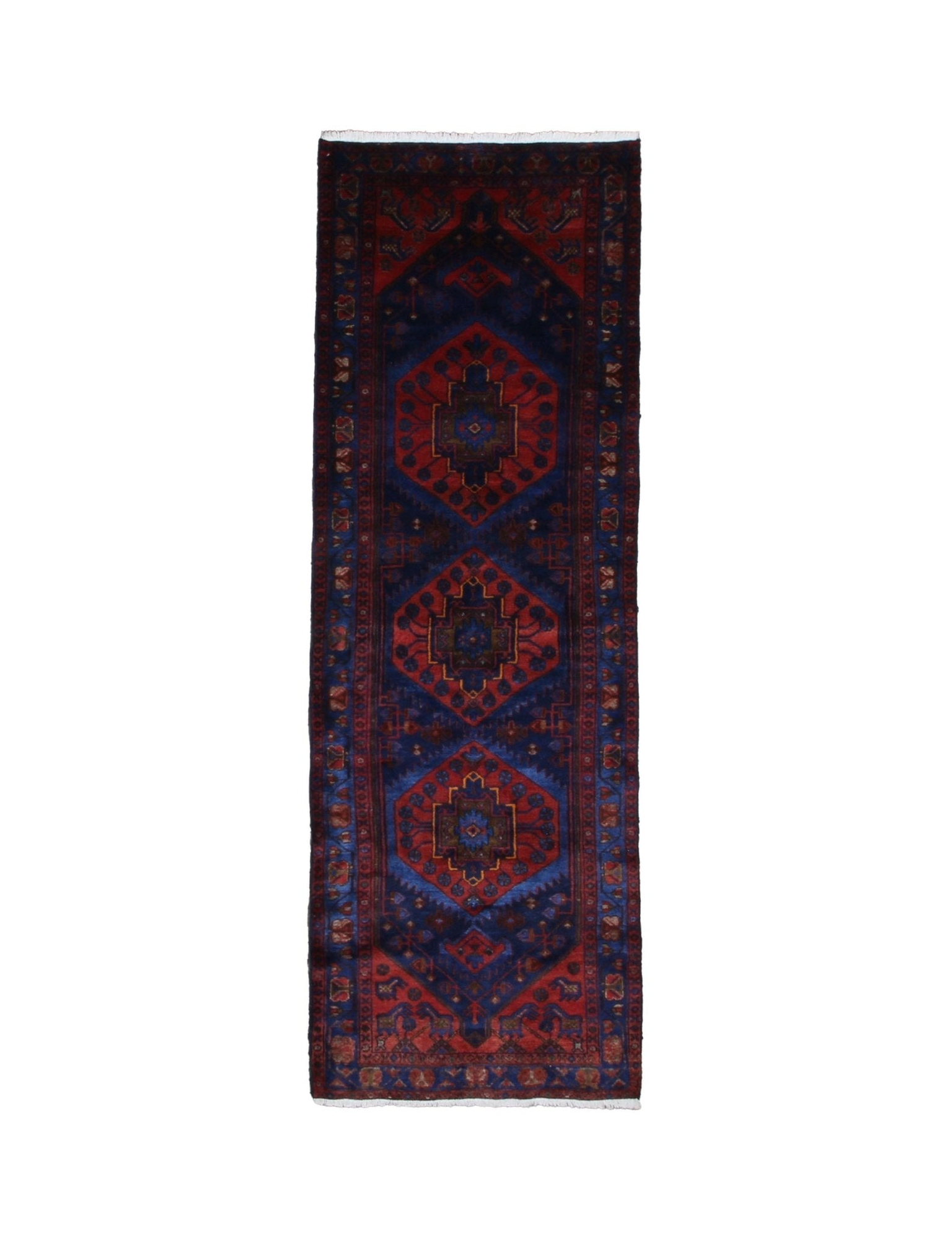 Persian Sonqor Runner, top view on white background, hand-knotted wool with red colouring. SKU RR 30722.