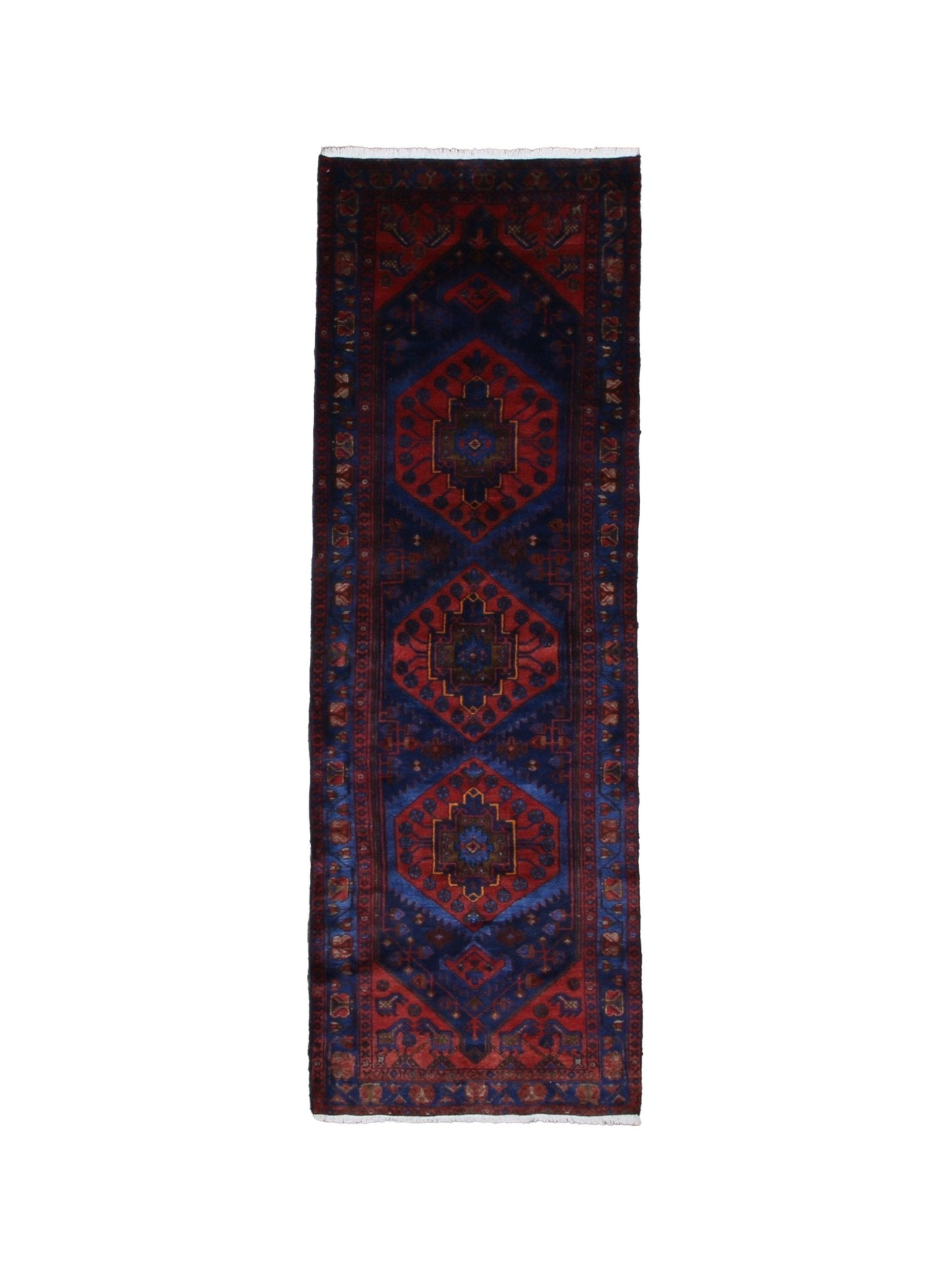 Persian Sonqor Runner, top view on white background, hand-knotted wool with red colouring. SKU RR 30722.