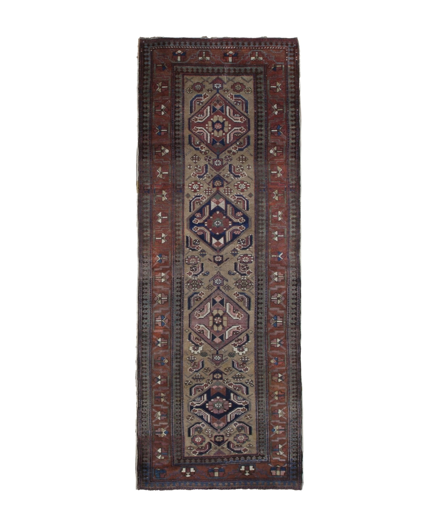 Persian Uch Tappeh Runner, top view on white background, hand-knotted wool with beige colouring. SKU 1.0087.