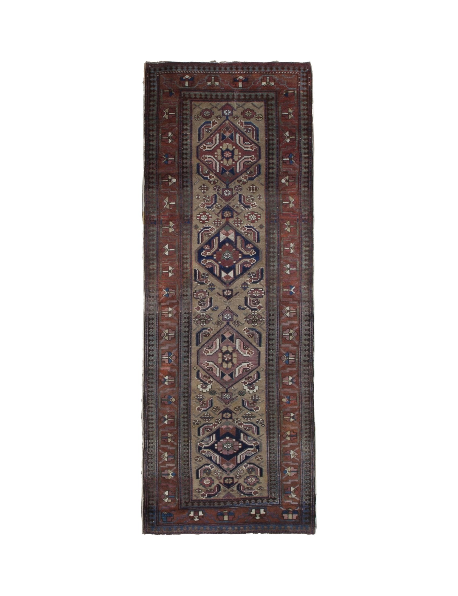 Persian Uch Tappeh Runner, top view on white background, hand-knotted wool with beige colouring. SKU 1.0087.