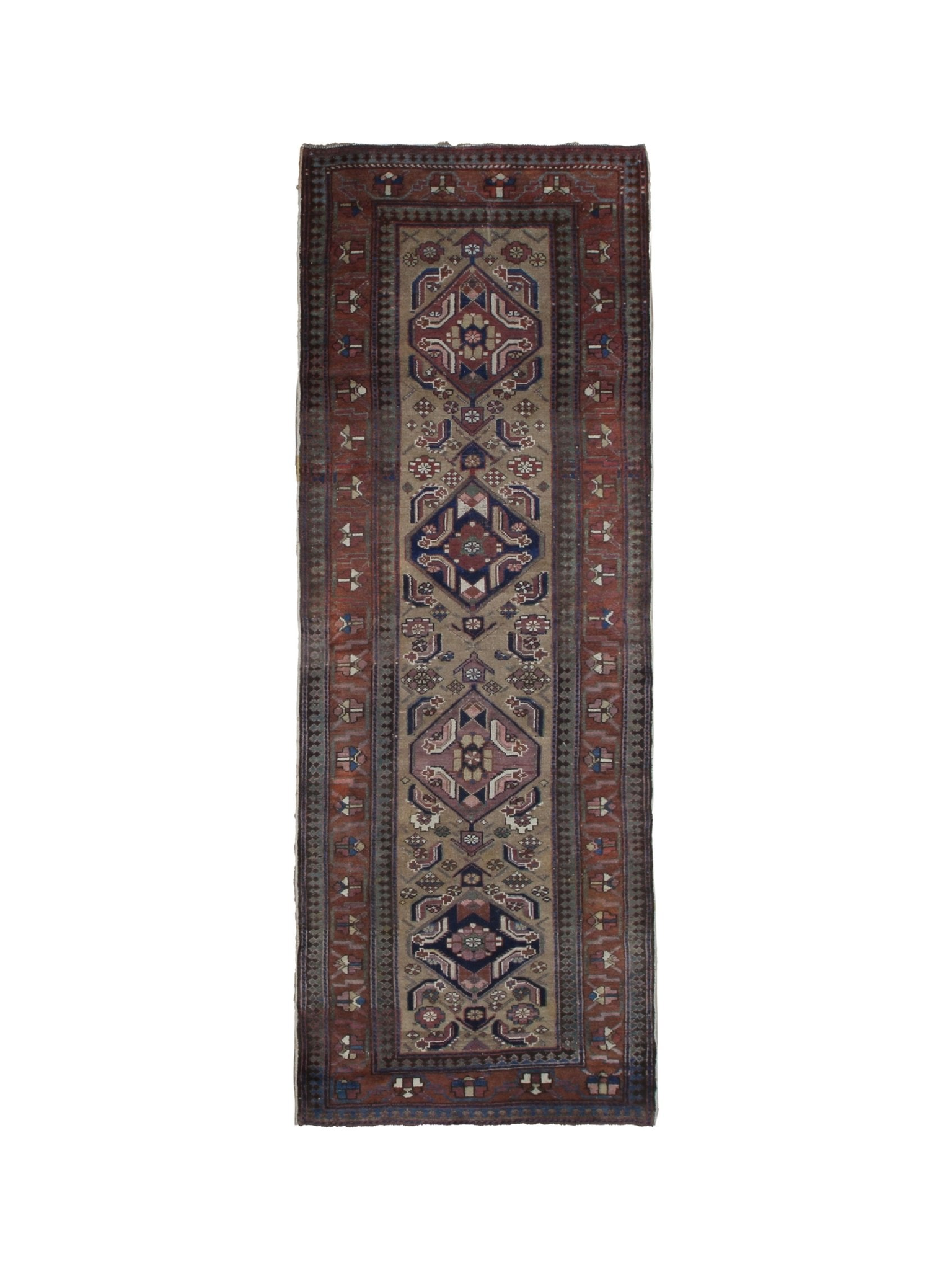 Persian Uch Tappeh Runner, top view on white background, hand-knotted wool with beige colouring. SKU 1.0087.