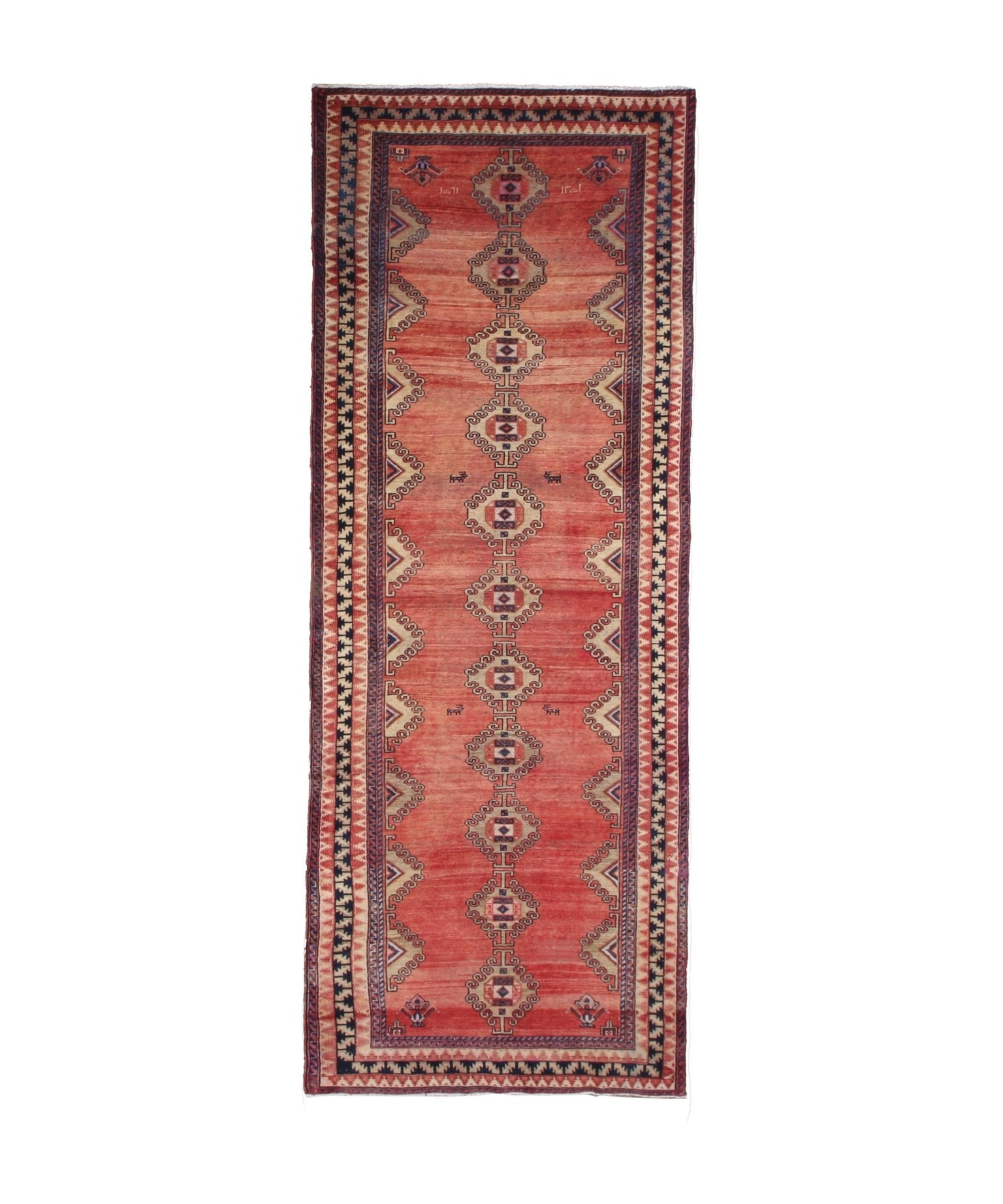 Persian Luri Runner, top view on white background, hand-knotted wool with red colouring. SKU RR 32252.