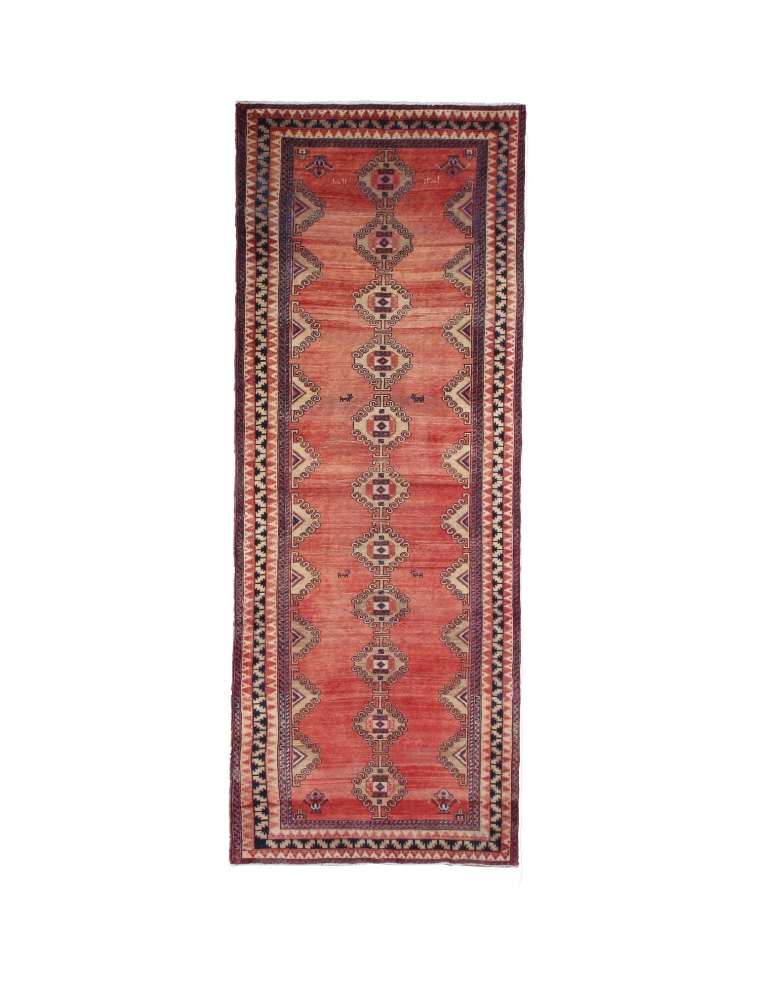 Persian Luri Runner, top view on white background, hand-knotted wool with red colouring. SKU RR 32252.