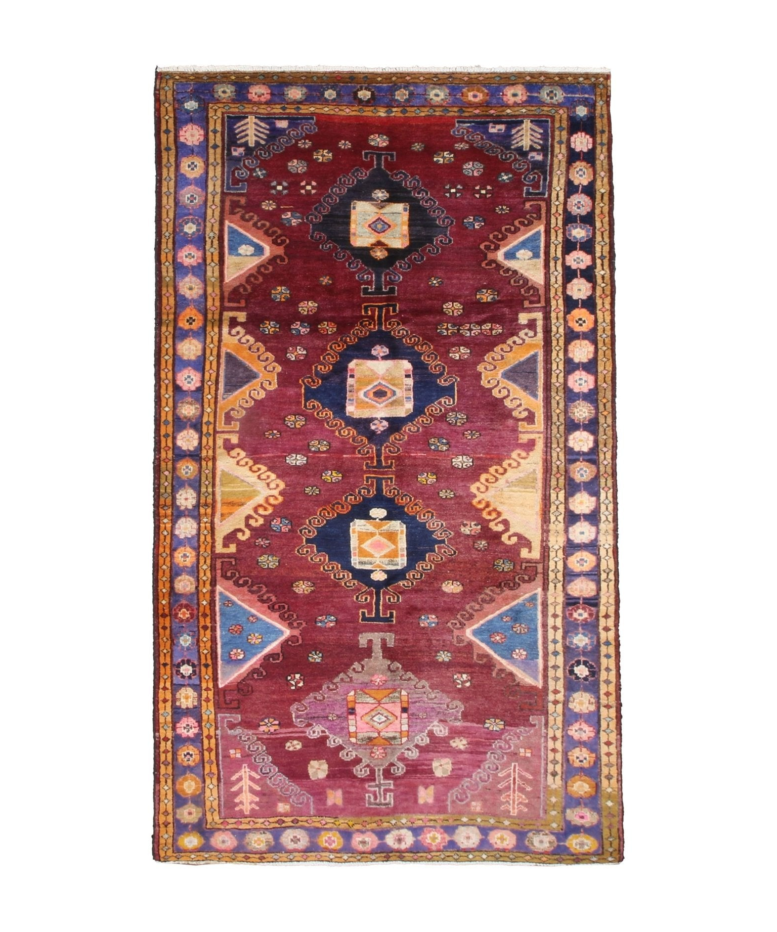 Vintage Hamadan Rug, top view on white background, hand-knotted wool pile. SKU 30894.