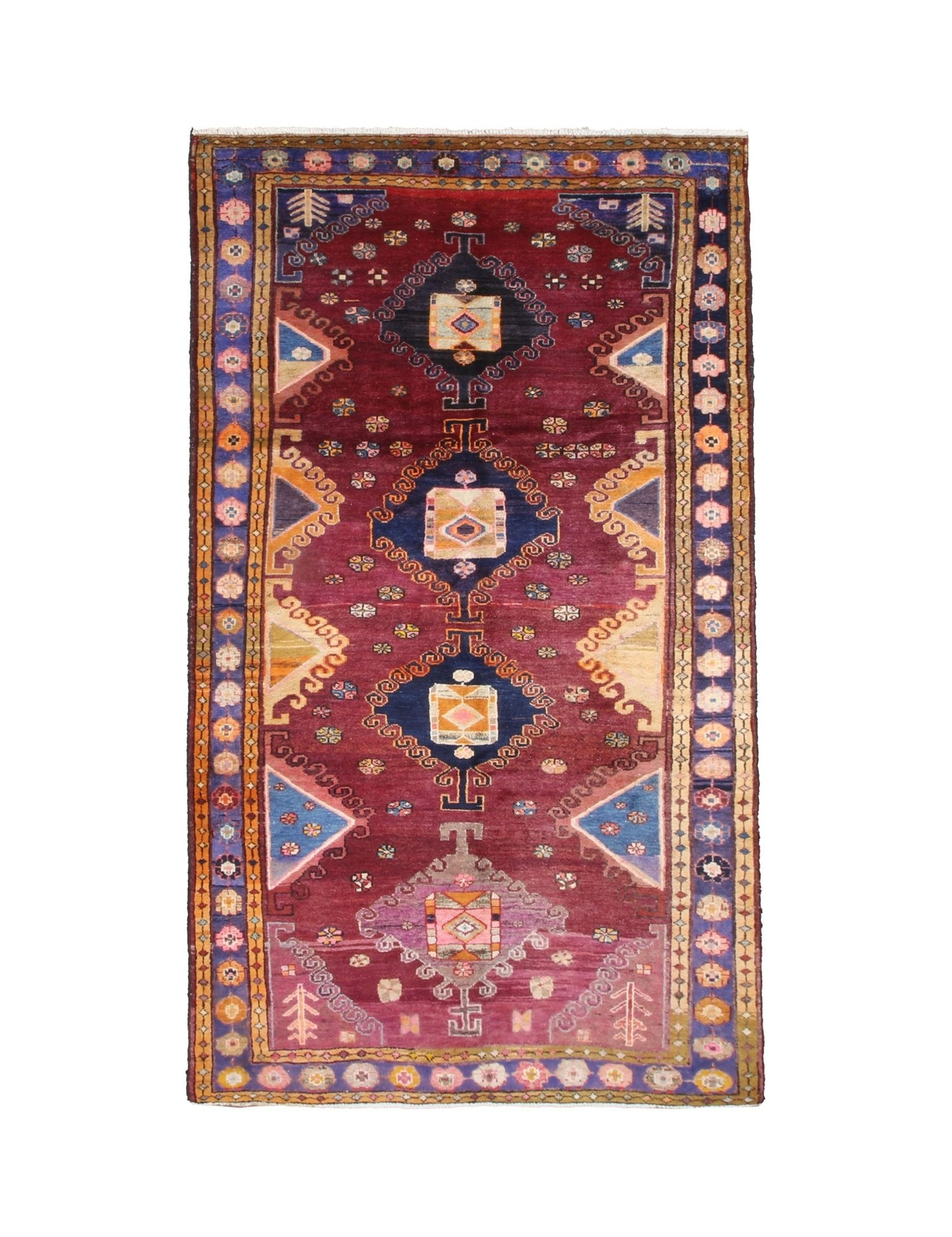 Vintage Hamadan Rug, top view on white background, hand-knotted wool pile. SKU 30894.