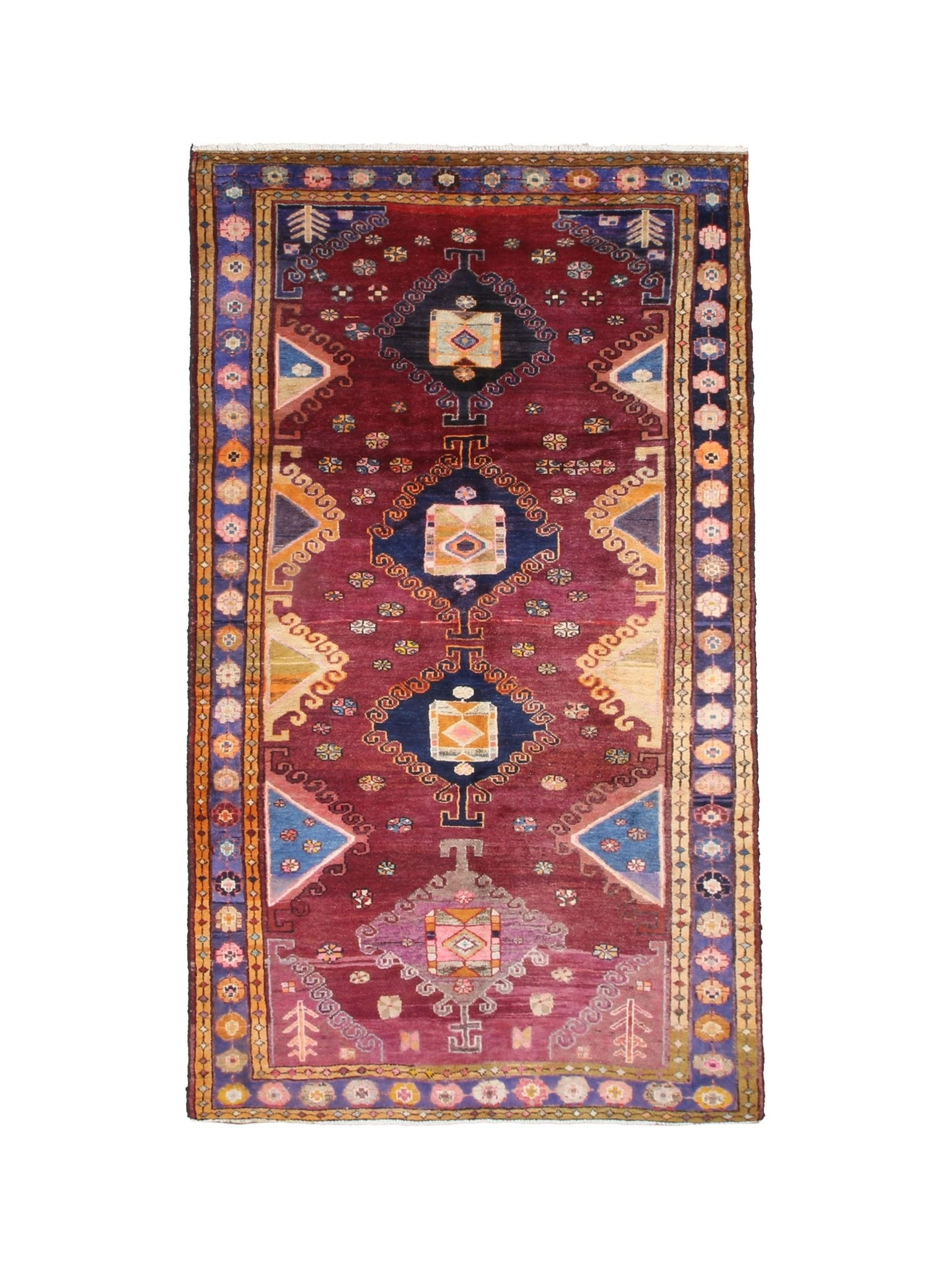 Vintage Hamadan Rug, top view on white background, hand-knotted wool pile. SKU 30894.
