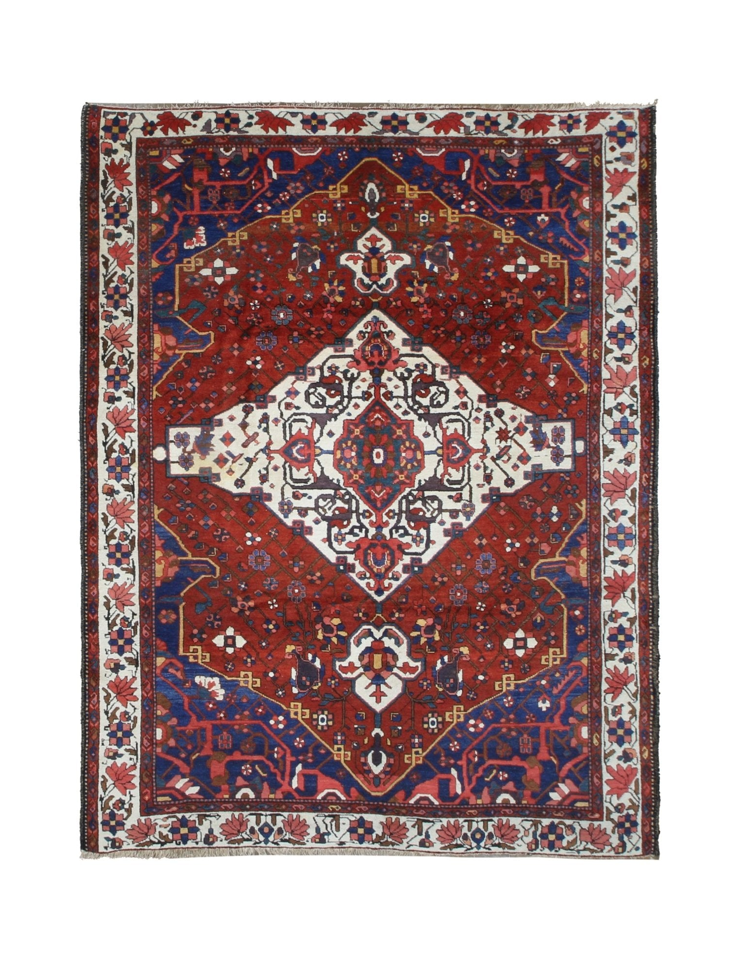 Vintage Chaleshtor Bakhtiari Rug, top view on white background, hand-knotted wool pile. SKU 108870.