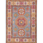 Full front view of blue & red Kazak-inspired wool rug 27433.