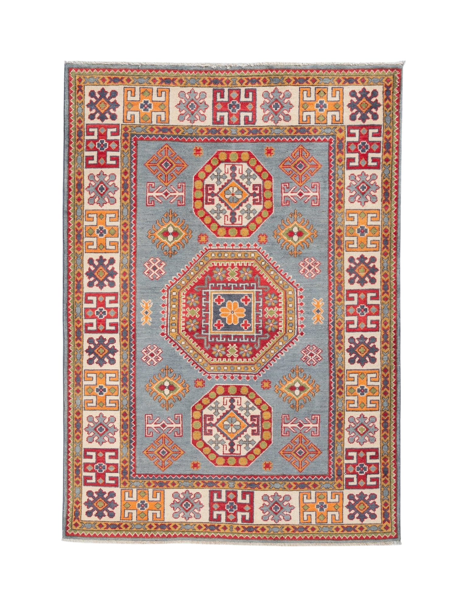 Full front view of blue & red Kazak-inspired wool rug 27433.