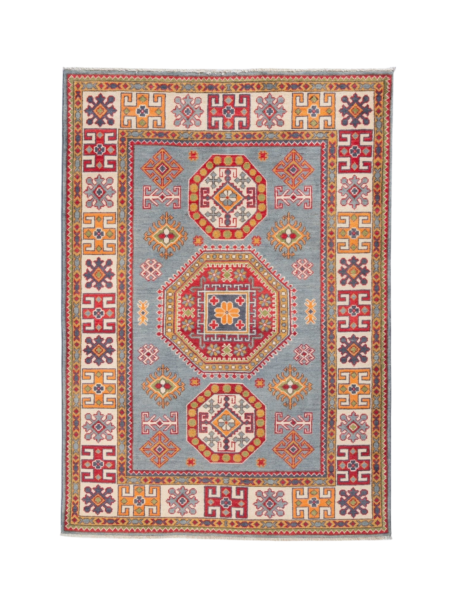 Full front view of blue & red Kazak-inspired wool rug 27433.