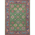 Full front view of green & red Kazak-inspired wool rug 29347.
