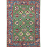 Full front view of green & red Kazak-inspired wool rug 29347.