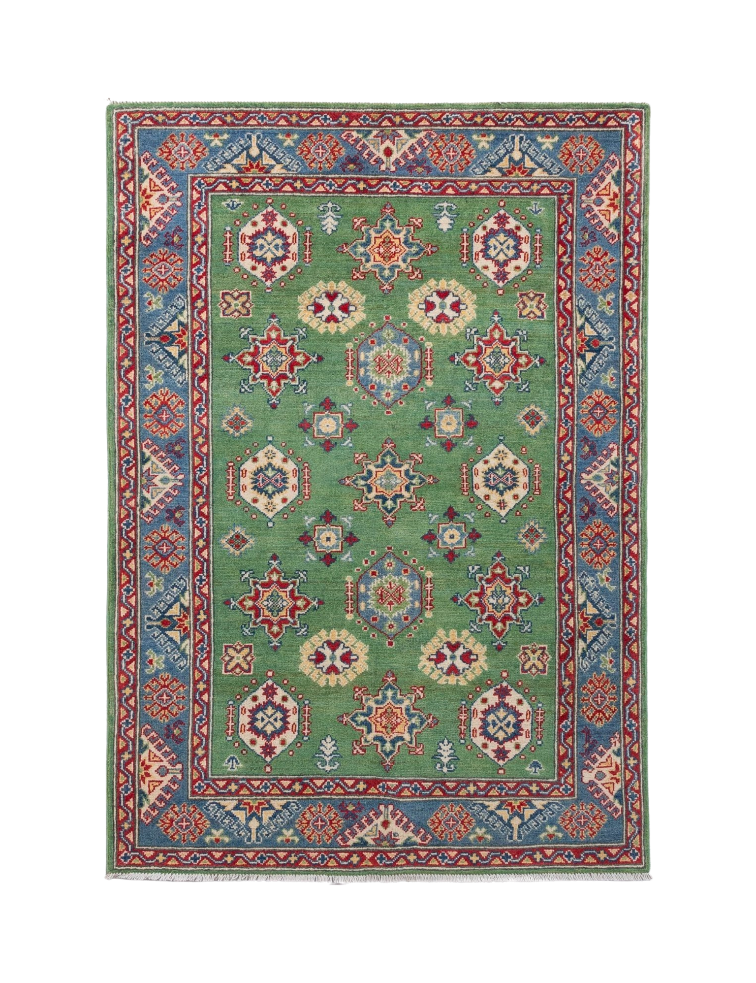 Full front view of green & red Kazak-inspired wool rug 29347.