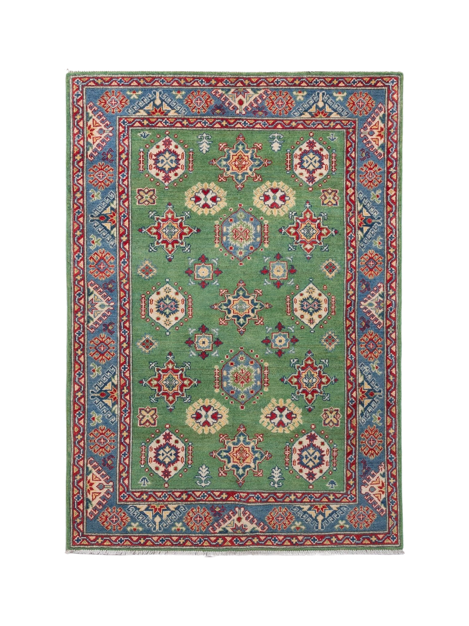 Full front view of green & red Kazak-inspired wool rug 29347.