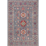 Full front view of blue & ivory Kazak-inspired wool rug 29645.