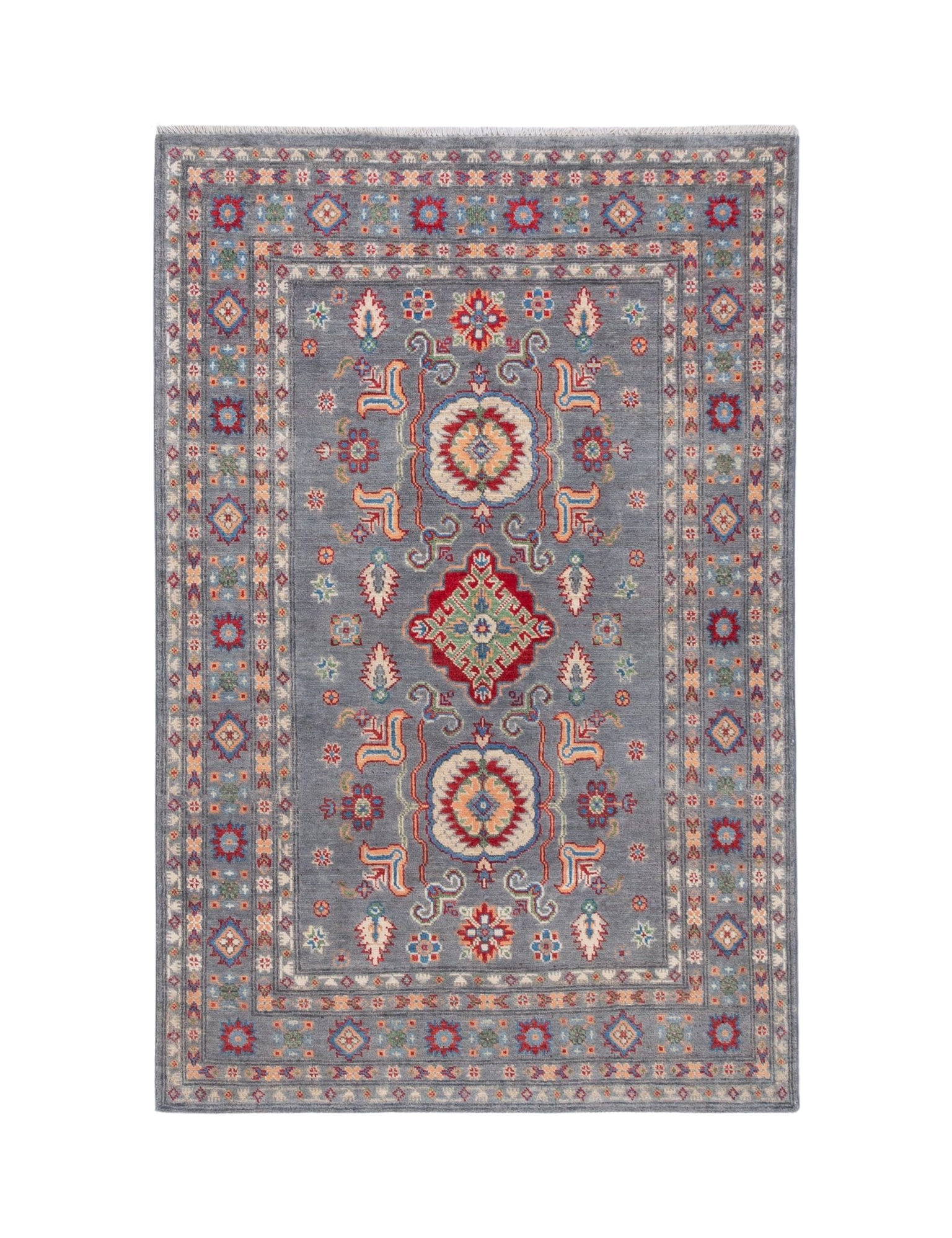 Full front view of blue & ivory Kazak-inspired wool rug 29645.