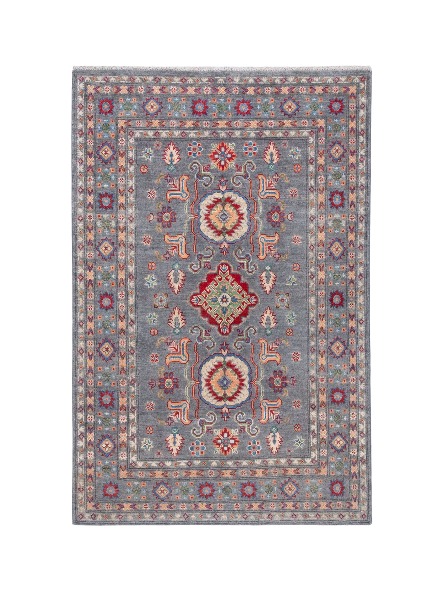 Full front view of blue & ivory Kazak-inspired wool rug 29645.