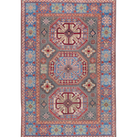 Full front view of blue & ivory Kazak-inspired wool rug 29647.