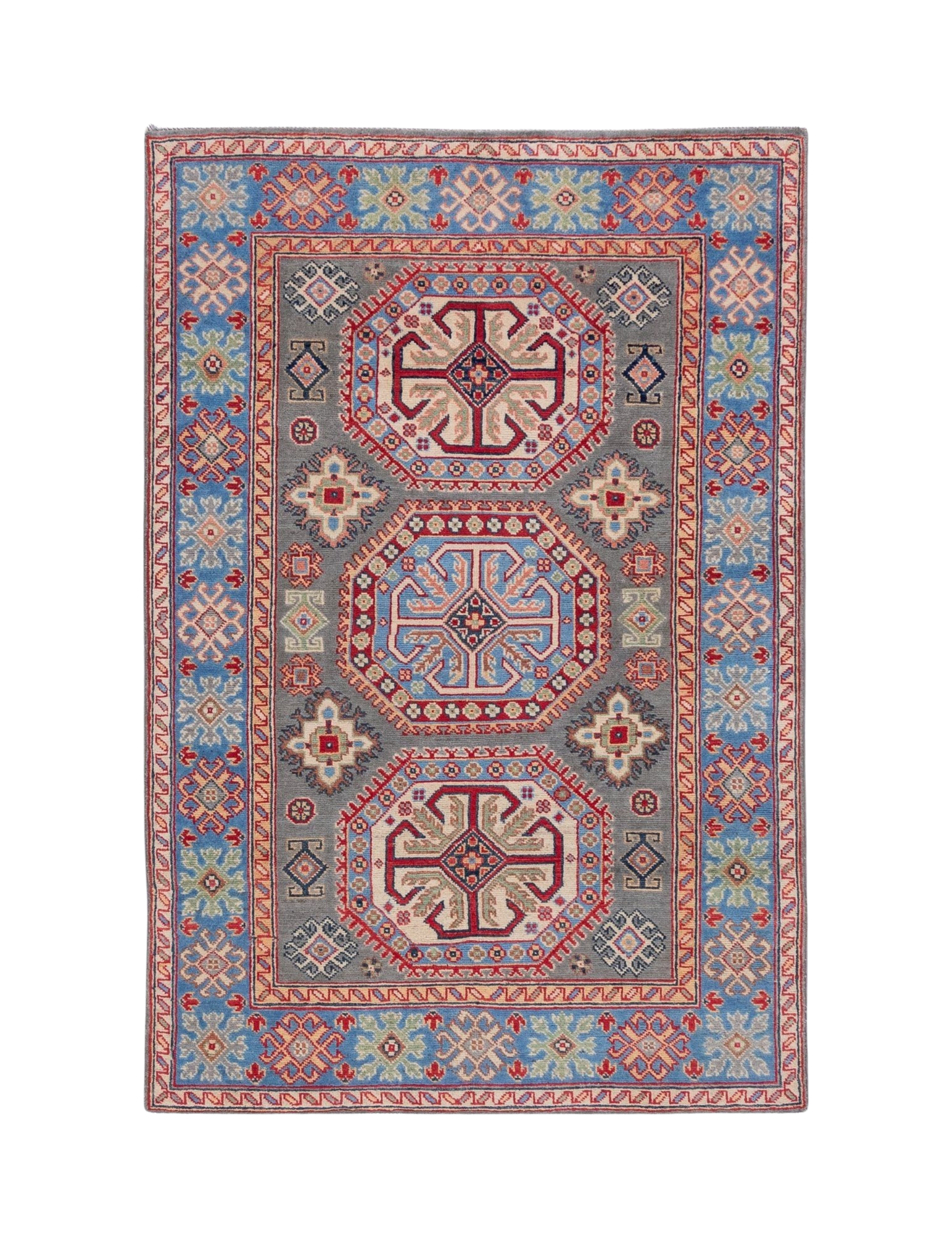Full front view of blue & ivory Kazak-inspired wool rug 29647.