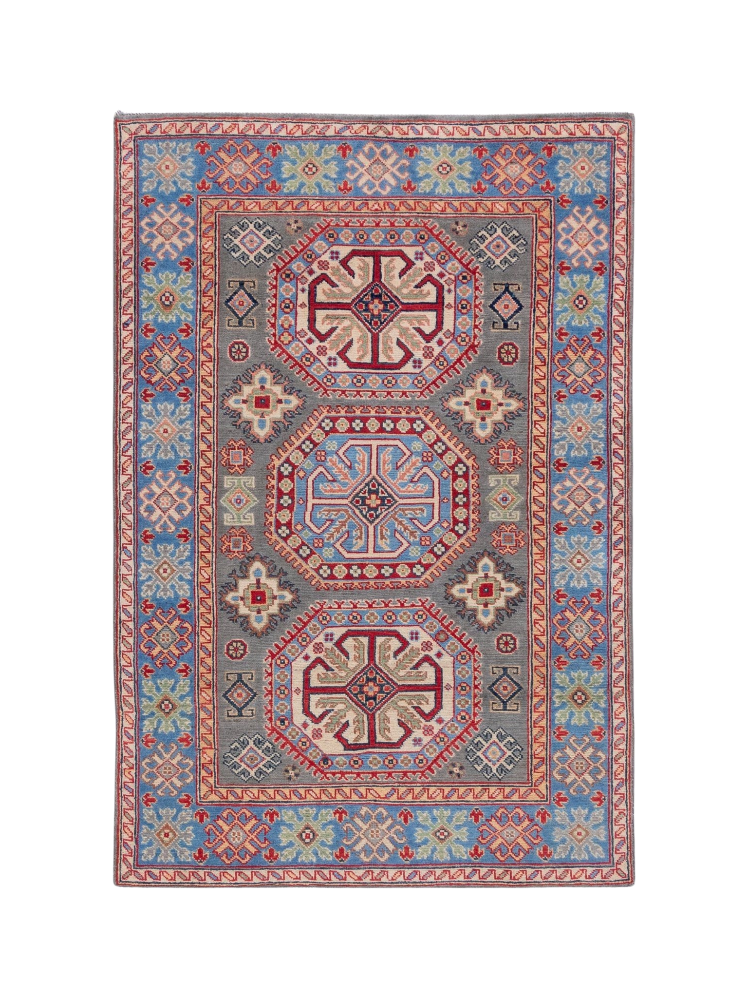 Full front view of blue & ivory Kazak-inspired wool rug 29647.