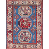 Full front view of blue & red Kazak-inspired wool rug 29648.