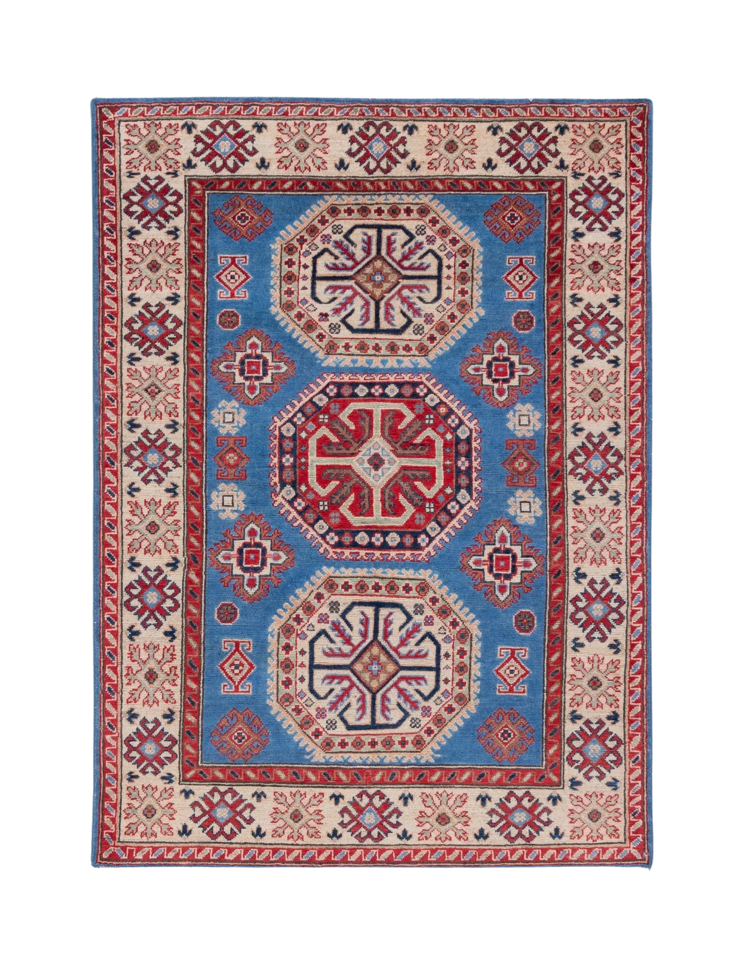 Full front view of blue & red Kazak-inspired wool rug 29648.
