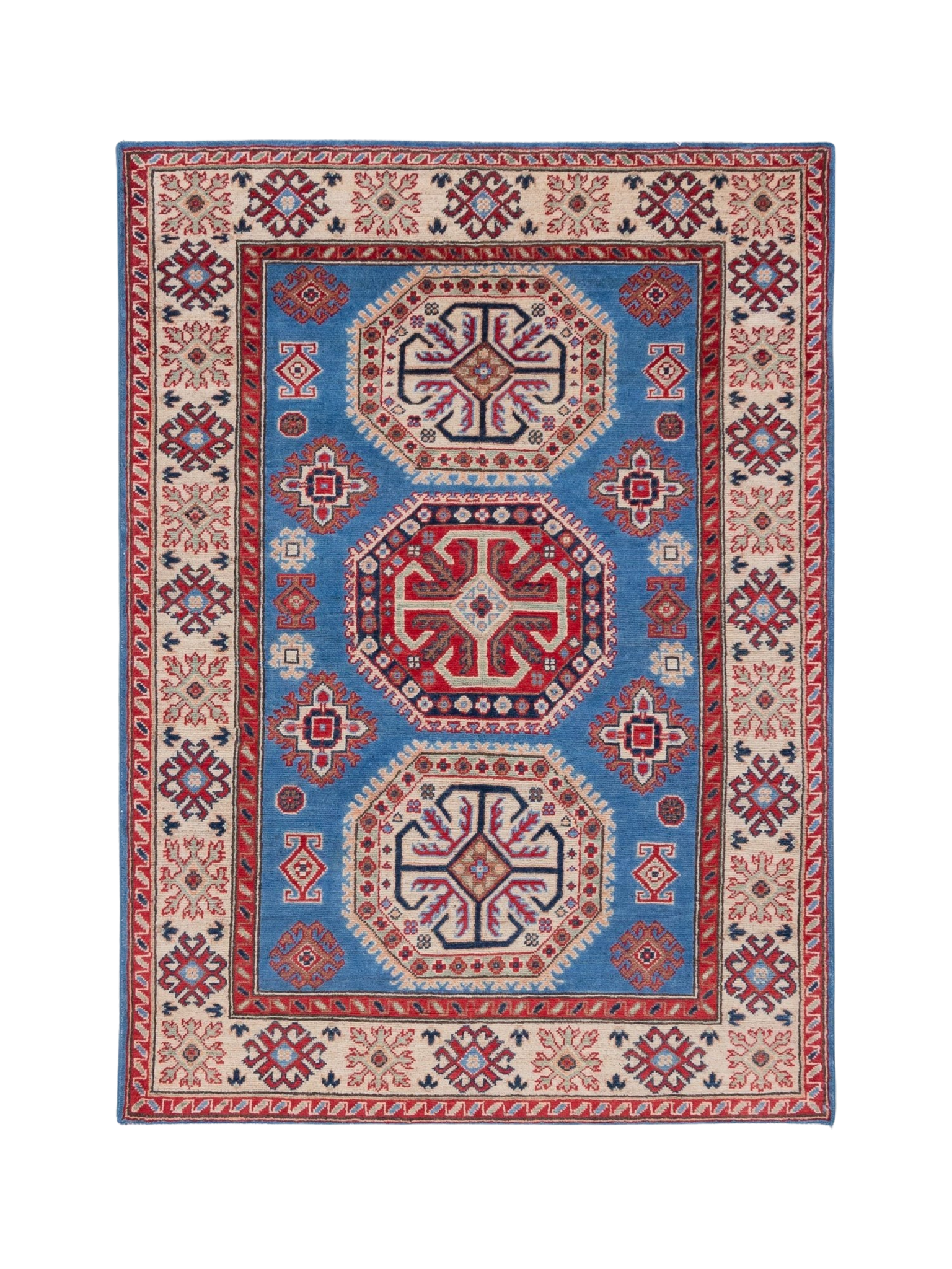 Full front view of blue & red Kazak-inspired wool rug 29648.