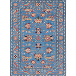 Full front view of blue & red Kazak-inspired wool rug 29649.