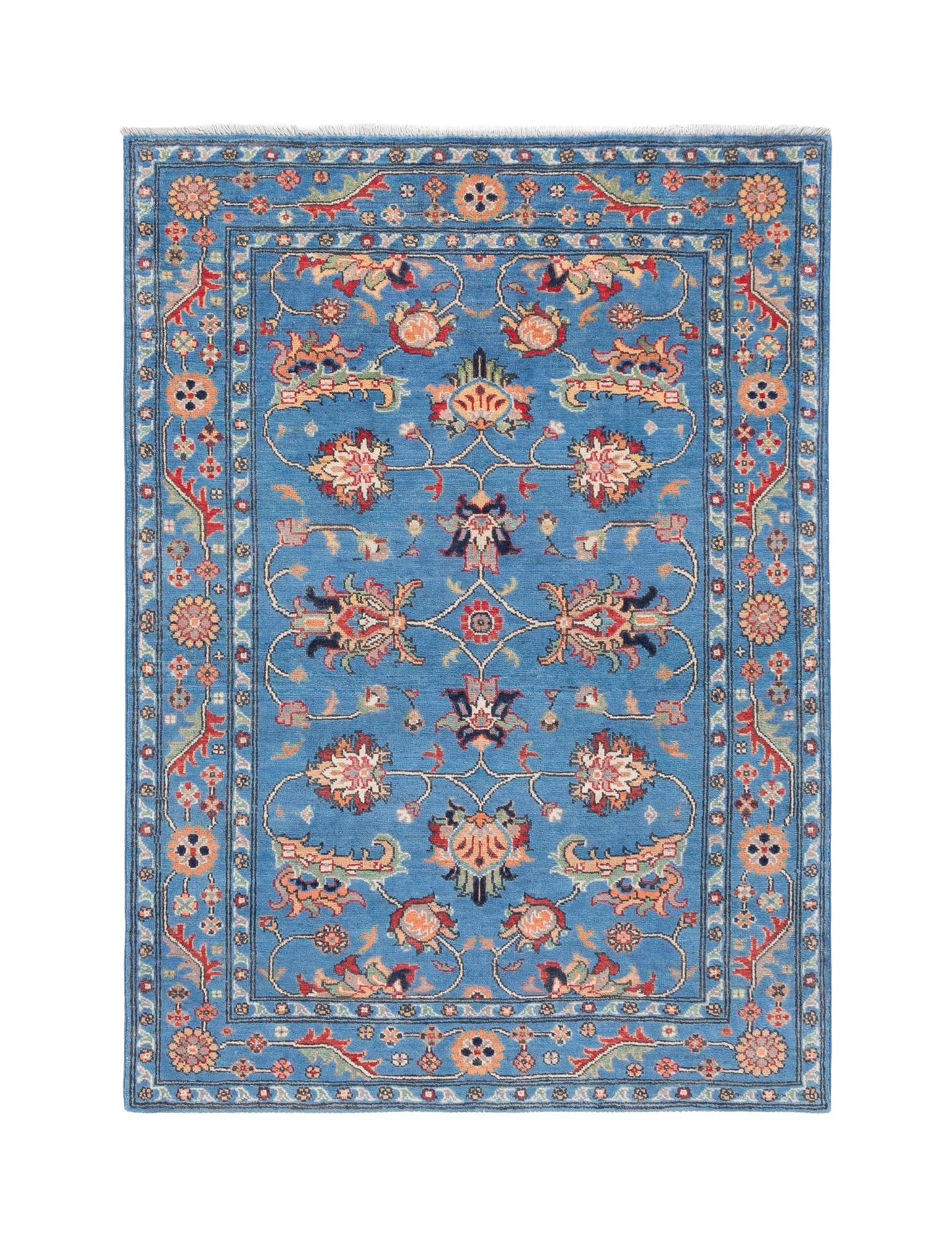 Full front view of blue & red Kazak-inspired wool rug 29649.